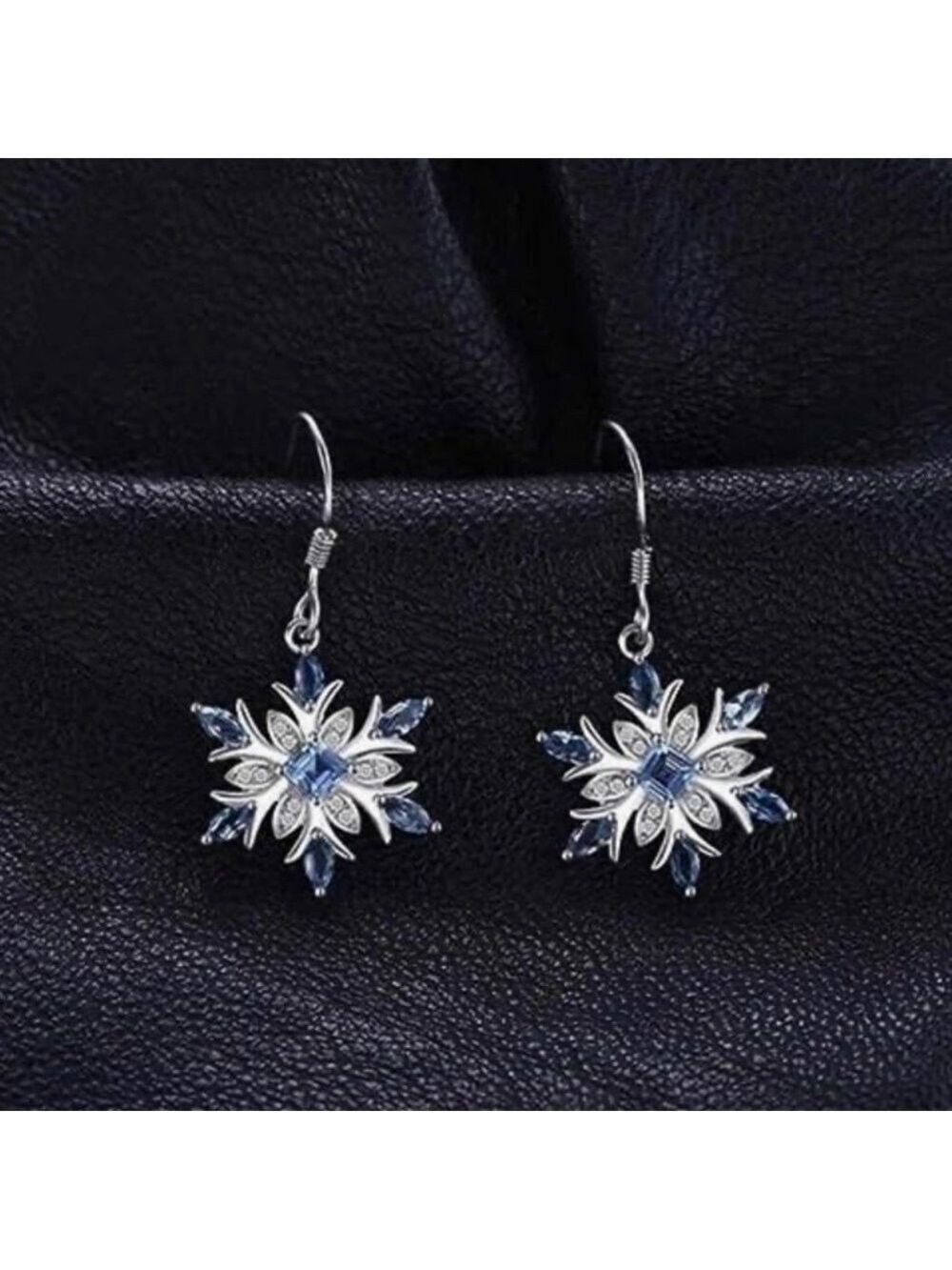 Earrings Snowflake Blue and Clear Crystals Dangle